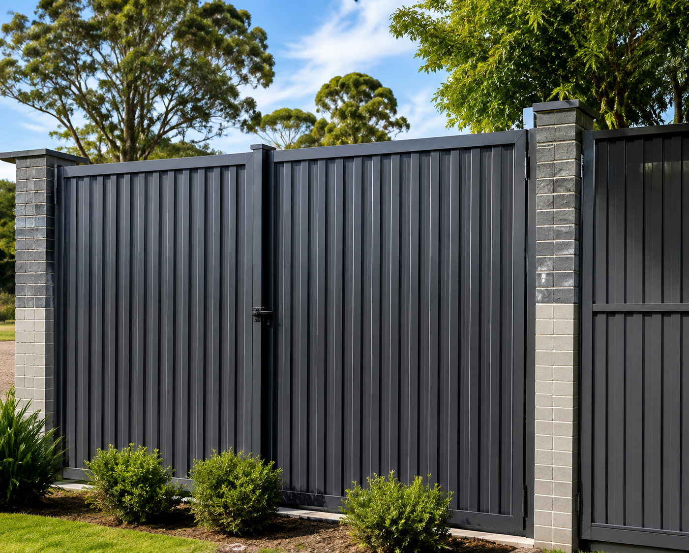 Black slat fence with masonry pillars